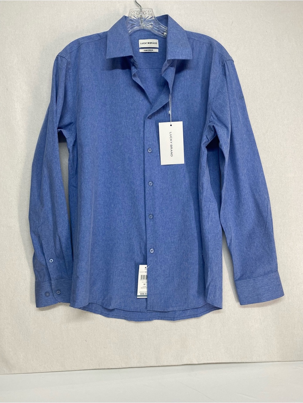 Lucky Brand Men's Blue Button-Down Medium Shirt Slim Fit 4 way Stretch 15-15 1/2